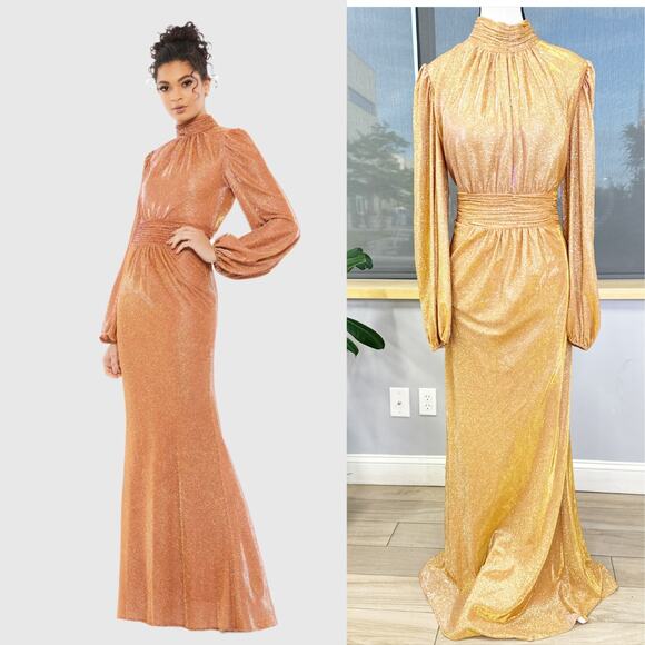 Mac Duggal Dresses & Skirts - Draped Glitter Fabric High Neck Puff Sleeve Trumpet Gown 11248 Size 12